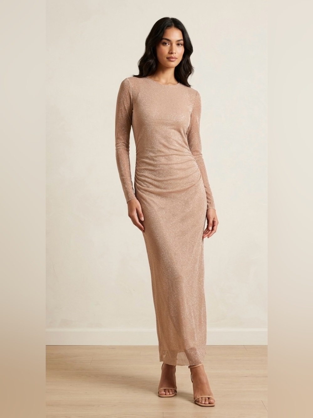 Zara Shimmery Nude Long Sleeve Midi Dress